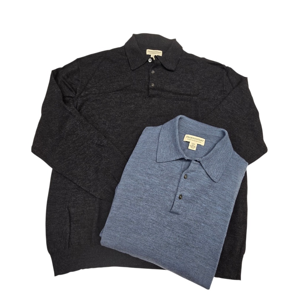 Pronto Uomo Fine Merino Wool PAIR of Polo LS Sweaters Mens XXL Light & Dark Gray